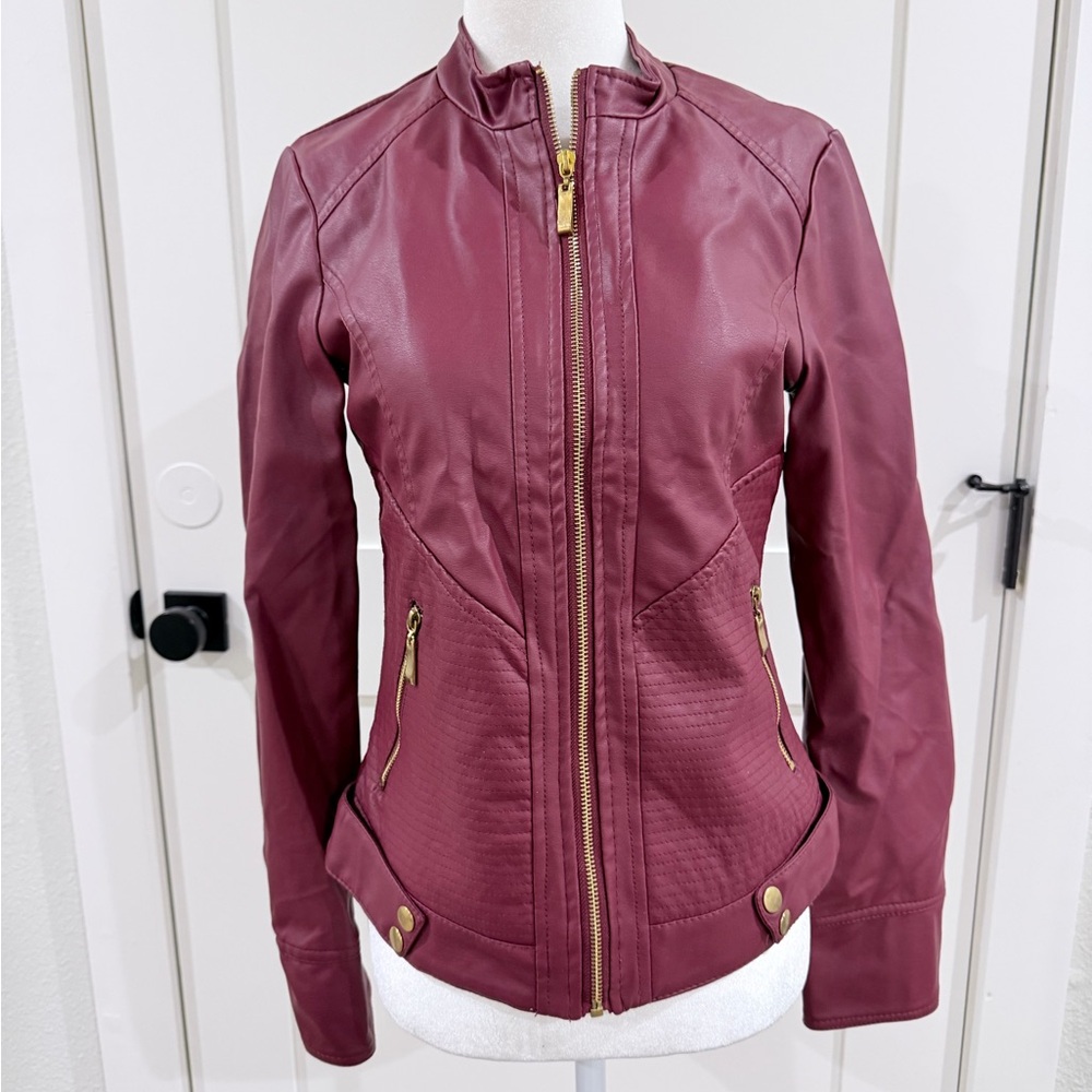 New Look Wine Faux Leather Zip Moto Jacket